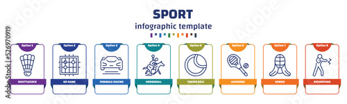 infographic template with icons and 8 options or steps. infographic for sport concept. included shuttlecock, go game, formula racing, horseball, tennis ball, lacrosse, kendo, kickboxing icons.