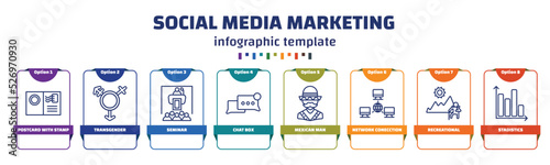 infographic template with icons and 8 options or steps. infographic for social media marketing concept. included postcard with stamp, transgender, seminar, chat box, mexican man, network conecction,