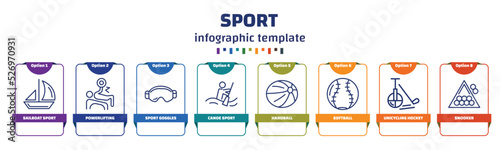 infographic template with icons and 8 options or steps. infographic for sport concept. included sailboat sport, powerlifting, sport goggles, canoe handball, softball, unicycling hockey, snooker