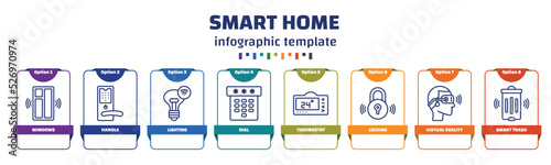 infographic template with icons and 8 options or steps. infographic for smart home concept. included windows, handle, lighting, dial, thermostat, locking, virtual reality, smart trash icons.