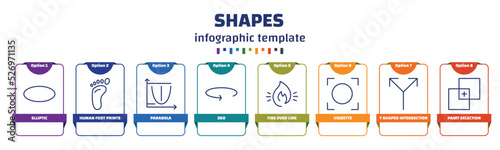 infographic template with icons and 8 options or steps. infographic for shapes concept. included elliptic, human foot prints, parabola, 360, fire over line, vignette, y shaped intersection, paint