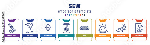 infographic template with icons and 8 options or steps. infographic for sew concept. included sewing tools, hot glue, sewing craft, coil, wool, pincushion, needlework, buttonhole icons.