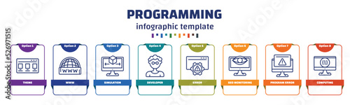 infographic template with icons and 8 options or steps. infographic for programming concept. included theme, www, simulation, developer, error, seo monitoring, program error, computing icons.