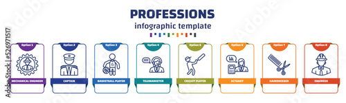 infographic template with icons and 8 options or steps. infographic for professions concept. included mechanical engineer, captain, basketball player, telemarketer, cricket player, actuary,