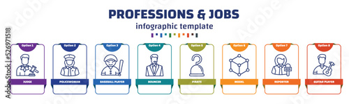 infographic template with icons and 8 options or steps. infographic for professions & jobs concept. included judge, policewoman, baseball player, bouncer, pirate, model, reporter, guitar player
