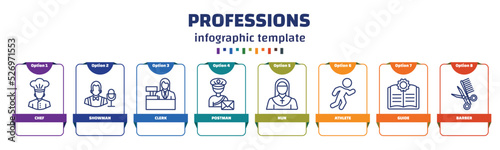 infographic template with icons and 8 options or steps. infographic for professions concept. included chef, showman, clerk, postman, nun, athlete, guide, barber icons.