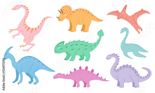 Dinosaurs set  ankylosaurus  brachiosaurus  diplodocus  pterodactyl etc.Vector Illustration for printing  backgrounds  covers and packaging. Isolated on white background.