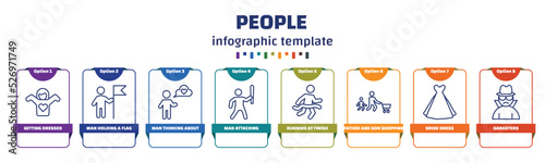 infographic template with icons and 8 options or steps. infographic for people concept. included getting dressed, man holding a flag, man thinking about love, man attacking, running at finish line,