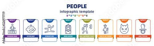 infographic template with icons and 8 options or steps. infographic for people concept. included crossing road, crying baby, gymnast girl, bride avatar, man throwing a dart, king in his throne,