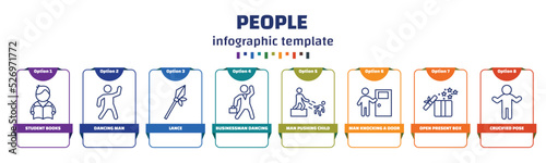 infographic template with icons and 8 options or steps. infographic for people concept. included student books, dancing man, lance, businessman dancing, man pushing child, man knocking a door, open