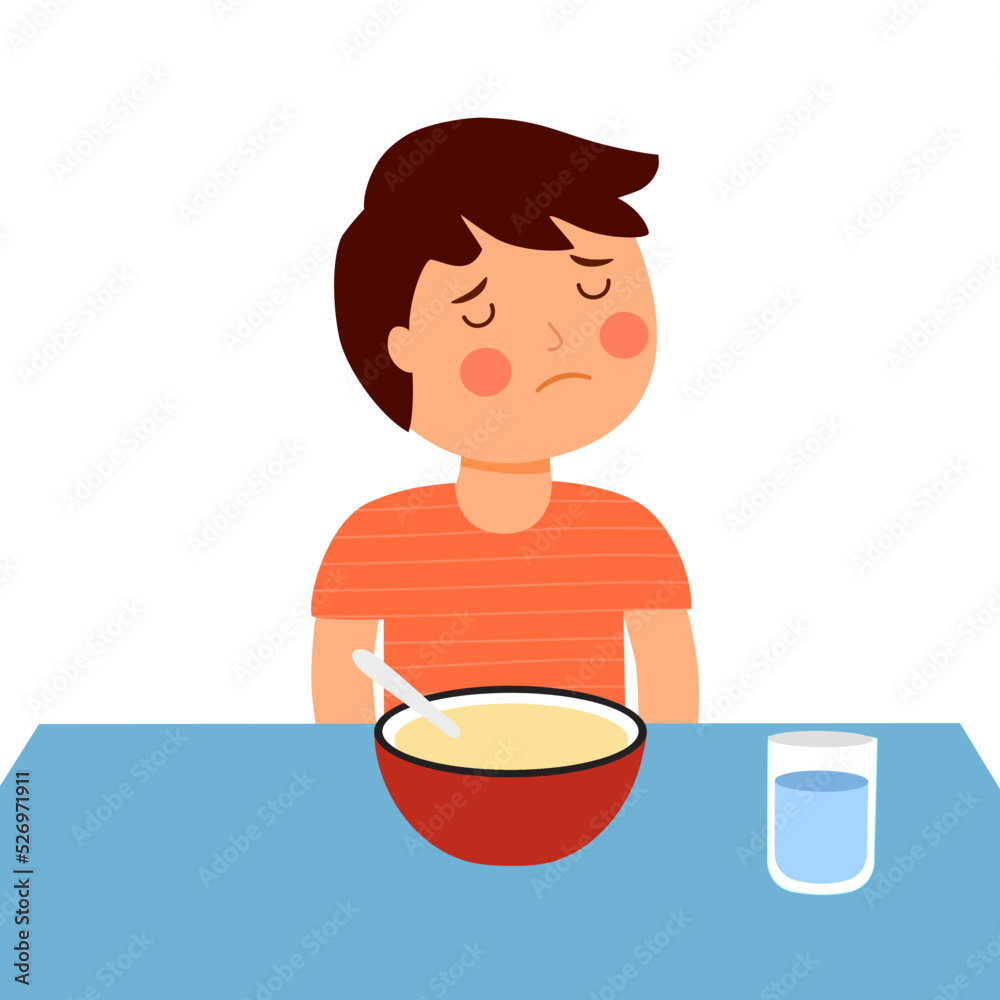Boy child feel not hungry concept vector illustration on white background. Kids doesn’t want to eat. No appetite. Boy child feel not hungry concept vector illustration on white background. Kids doesn’t want to eat. No appetite.
