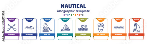 infographic template with icons and 8 options or steps. infographic for nautical concept. included seaworthy, watercraft, rope tied, gunboat, capsizing, ship admiral, salt water, scow icons.