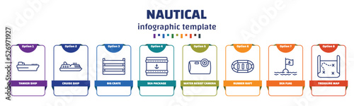 infographic template with icons and 8 options or steps. infographic for nautical concept. included tanker ship, cruise ship, big crate, sea package, water resist camera, rubber raft, sea flag,