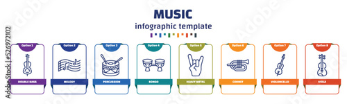 infographic template with icons and 8 options or steps. infographic for music concept. included double bass, melody, percussion, bongo, heavy metal, cornet, violoncello, viola icons.