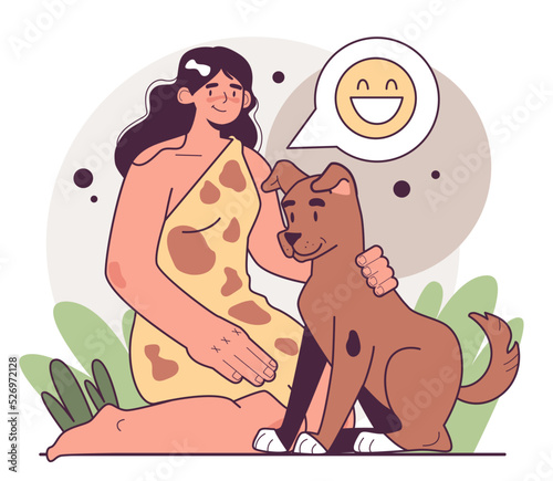 Dogs domestication. Homo sapiens taming a wolf. Human evolution theory.