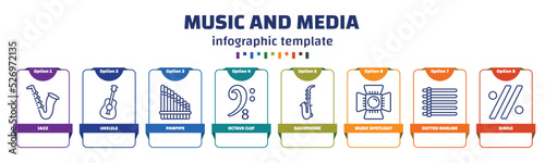 infographic template with icons and 8 options or steps. infographic for music and media concept. included jazz, ukelele, panpipe, octave clef, saxophone, music spotlight, dotted barline, simile
