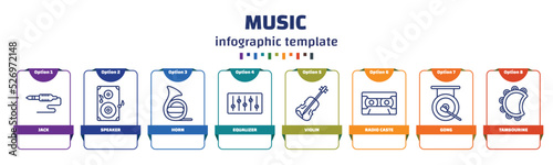 infographic template with icons and 8 options or steps. infographic for music concept. included jack, speaker, horn, equalizer, violin, radio caste, gong, tambourine icons.