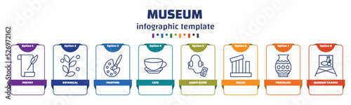 infographic template with icons and 8 options or steps. infographic for museum concept. included poetry, botanical, painting, cafe, audio guide, relics, porcelain, museum canvas icons.