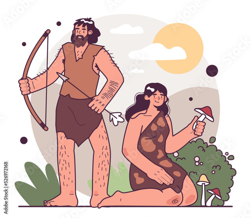 Cavemen, homo sapiens hunting with a bow and gathering fruits