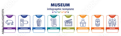 infographic template with icons and 8 options or steps. infographic for museum concept. included buffalo, photographic, sarcophagus, paper scroll, cinema, information desk, african mask, restroom