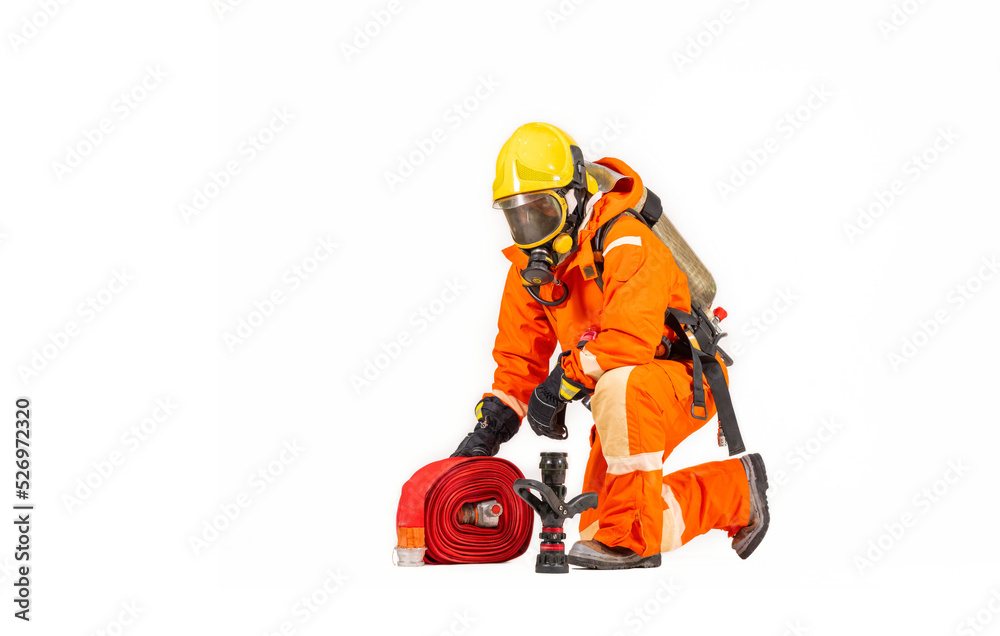 Firefighter man wearing protective fire suite and helmet with equipment and accessories is fire safety accident protection with white background.