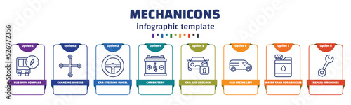 infographic template with icons and 8 options or steps. infographic for mechanicons concept. included bus with compass, changing wheels tool, car steering wheel, car battery, car and padlock, van