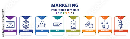 infographic template with icons and 8 options or steps. infographic for marketing concept. included webcode, potential, bid, sale, checklist, configuration, appreciation, eticket icons.