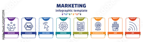 infographic template with icons and 8 options or steps. infographic for marketing concept. included motivation, ad blocker, web cursor, execution, flyer, recommendation, shop, rss icons.