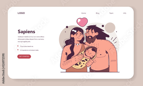 Caveman family. Prehistoric neanderthal couple with kid. Human evolution