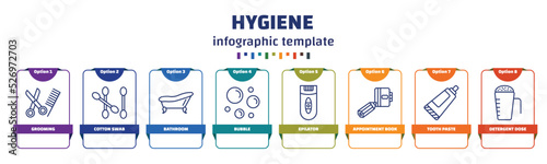 infographic template with icons and 8 options or steps. infographic for hygiene concept. included grooming, cotton swab, bathroom, bubble, epilator, appointment book, tooth paste, detergent dose
