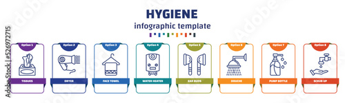 infographic template with icons and 8 options or steps. infographic for hygiene concept. included tissues, dryer, face towel, water heater, ear buds, douche, pump bottle, scrub up icons.