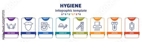 infographic template with icons and 8 options or steps. infographic for hygiene concept. included body odour, beardy, flossing, shower cap, nail clippers, extractor, depilator, urinal icons.