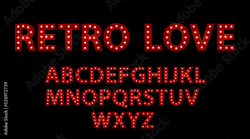 Retro love. Red letters with luminous glowing lightbulbs. Vector typography words design. Bright signboard signage.