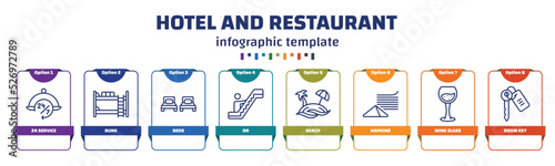 infographic template with icons and 8 options or steps. infographic for hotel and restaurant concept. included 24 service, bunk, beds, or, beach, napkins, wine glass, room key icons.