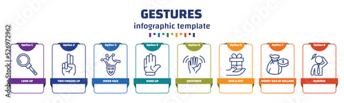 infographic template with icons and 8 options or steps. infographic for gestures concept. included look up, two fingers up, joker face, hand up, greetings, give a gift, money bag of dollars, dubious