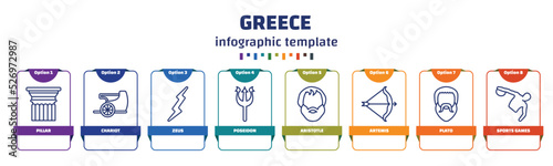 infographic template with icons and 8 options or steps. infographic for greece concept. included pillar, chariot, zeus, poseidon, aristotle, artemis, plato, sports games icons.