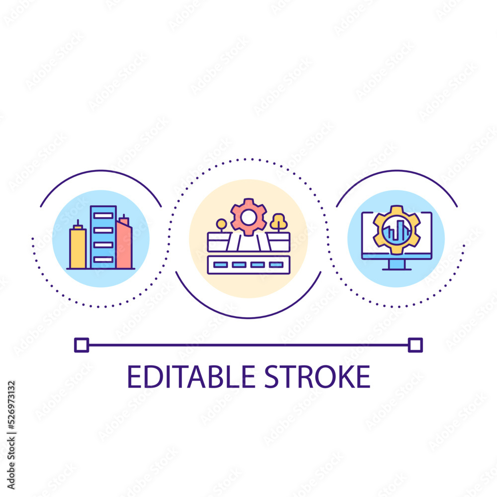 Urban area development loop concept icon. City infrastructure. Digitalization process abstract idea thin line illustration. Isolated outline drawing. Editable stroke. Arial font used Urban area development loop concept icon. City infrastructure. Digitalization process abstract idea thin line illustration. Isolated outline drawing. Editable stroke. Arial font used