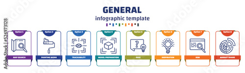 infographic template with icons and 8 options or steps. infographic for general concept. included map search, painting work, trackability, model preparation, quiz, inspiration, sem, market share