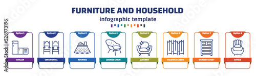 infographic template with icons and 8 options or steps. infographic for furniture and household concept. included chiller, ceremonial, kotatsu, lounge chair, cleaned, folding screen, drawer chest,