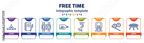 infographic template with icons and 8 options or steps. infographic for free time concept. included camping, write, table football, ship in a bottle, bungee jumping, hiking, billiard, jumping icons.