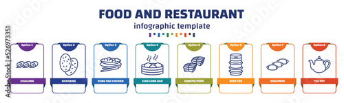 infographic template with icons and 8 options or steps. infographic for food and restaurant concept. included zhaliang, shaobing, kung pao chicken, xiao long bao, dongpo pork, beer keg, doguinho,