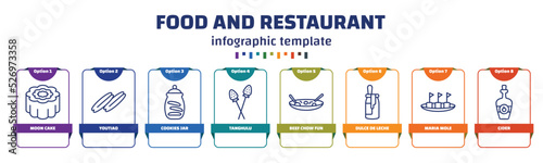 infographic template with icons and 8 options or steps. infographic for food and restaurant concept. included moon cake, youtiao, cookies jar, tanghulu, beef chow fun, dulce de leche, maria mole,