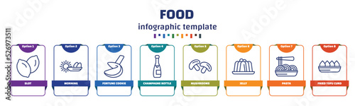 infographic template with icons and 8 options or steps. infographic for food concept. included slot, morning, fortune cookie, champagne bottle, mushrooms, jelly, pasta, fried tofu curd balls icons.