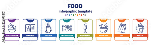 infographic template with icons and 8 options or steps. infographic for food concept. included healthy nutrition, drinks menu, hot chote, plate and utensils, sparkling wine, tropical drink, ribs,