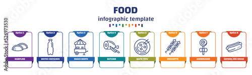 infographic template with icons and 8 options or steps. infographic for food concept. included dumpling, water container, snack booth, butcher, mapo tofu, brochette, jawbreaker, hotdog and bread