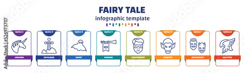 infographic template with icons and 8 options or steps. infographic for fairy tale concept. included unicorn, excalibur, ghost, fanfare, protagonist, vampire, antagonist, valkyrie icons.