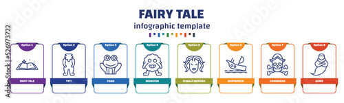 infographic template with icons and 8 options or steps. infographic for fairy tale concept. included fairy tale, yeti, toad, monster, female medusa, shipwreck, caribbean, genie icons.