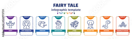 infographic template with icons and 8 options or steps. infographic for fairy tale concept. included harpy, fairy godmother, pinocchio, quetzalcoatl, hydra, talking tree, rapunzel, cinderella