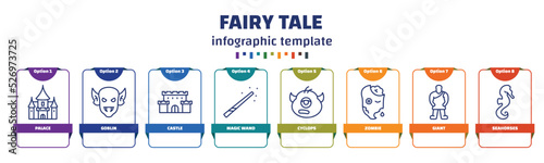 infographic template with icons and 8 options or steps. infographic for fairy tale concept. included palace, goblin, castle, magic wand, cyclops, zombie, giant, seahorses icons.