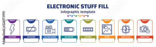 infographic template with icons and 8 options or steps. infographic for electronic stuff fill concept. included blitz flash, low battery, old video camera, half battery, film strip, picture, video